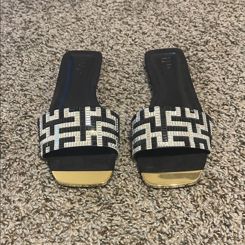 INC International Concepts Black Jeweled Slide Sandals with Gold Toe